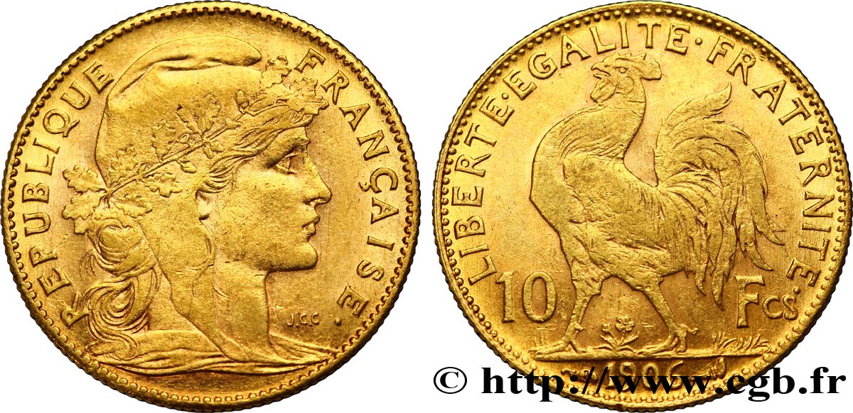 10 francs or Coq 1906 Paris F.509/7 MBC45 