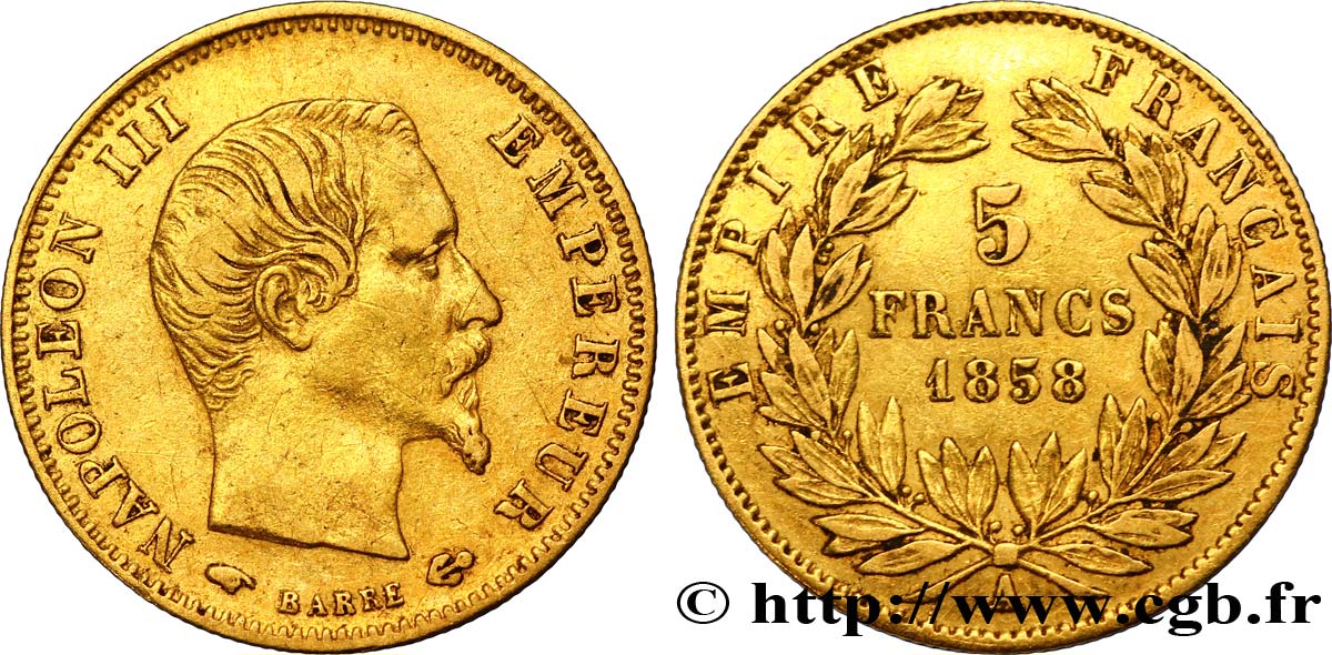 5 francs or Napoléon III, tête nue, grand module 1858 Paris F.501/5 SS45 