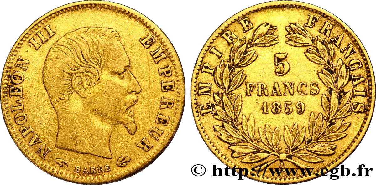 5 francs or Napoléon III, tête nue, grand module 1859 Paris F.501/7 XF42 