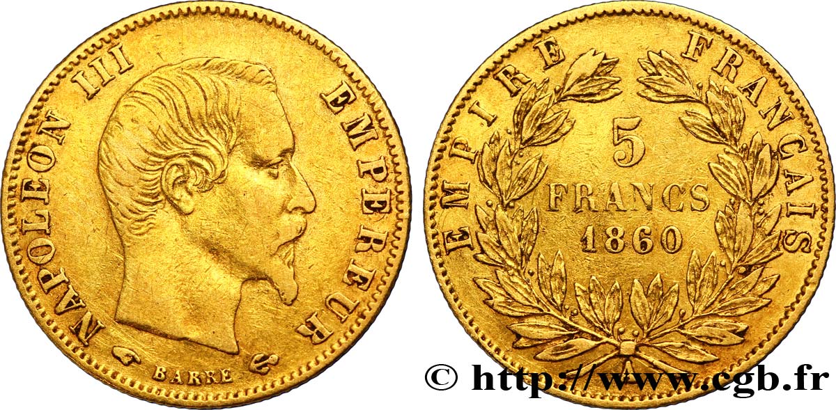 5 francs or Napoléon III, tête nue, grand module 1860 Paris F.501/10 XF42 