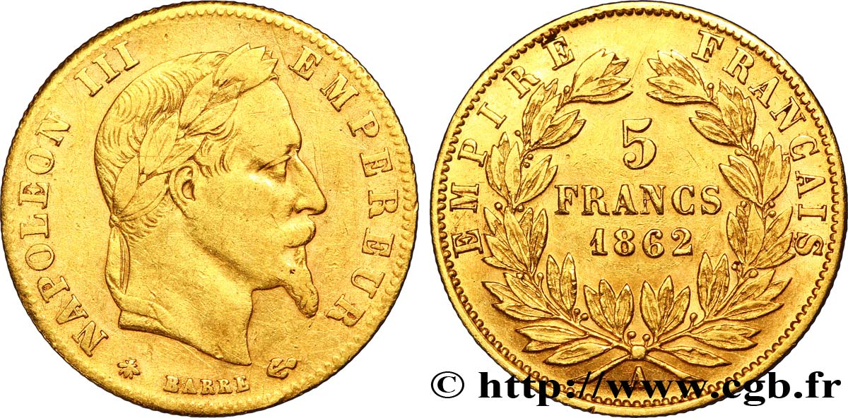 5 francs or Napoléon III, tête laurée 1862 Paris F.502/1 BB42 