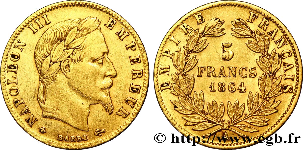 5 francs or Napoléon III, tête laurée 1864 Paris F.502/5 SS45 