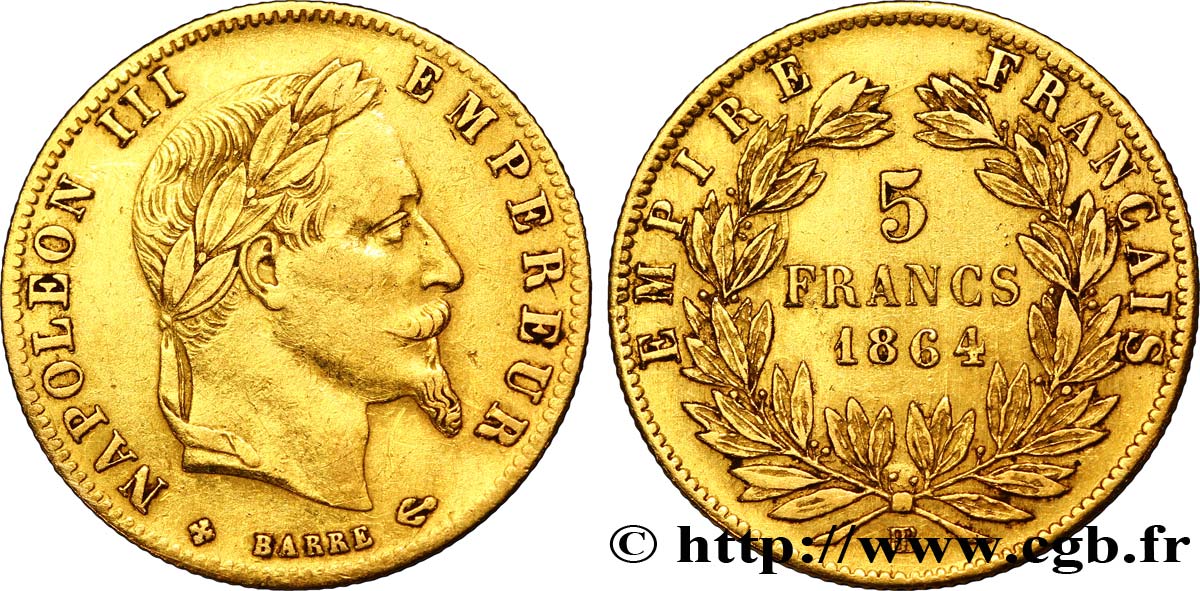5 francs or Napoléon III, tête laurée 1864 Strasbourg F.502/6 TTB48 