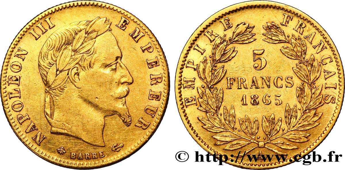5 francs or Napoléon III, tête laurée 1865 Paris F.502/7 BB45 