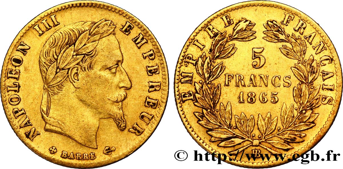 5 francs or Napoléon III, tête laurée 1865 Strasbourg F.502/8 SS48 