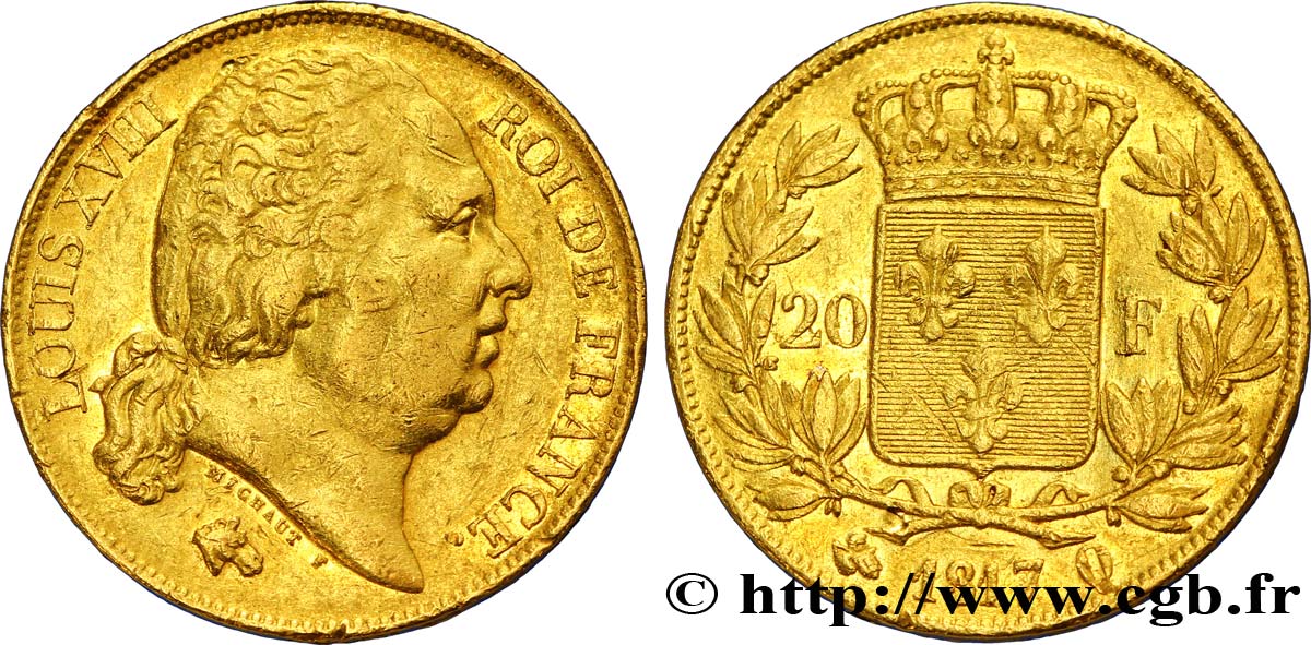 20 francs or Louis XVIII, tête nue 1817 Perpignan F.519/8 MBC45 
