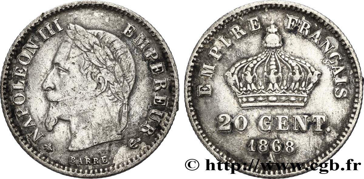 20 centimes Napoléon III, tête laurée, grand module 1868 Paris F.150/4 TB35 