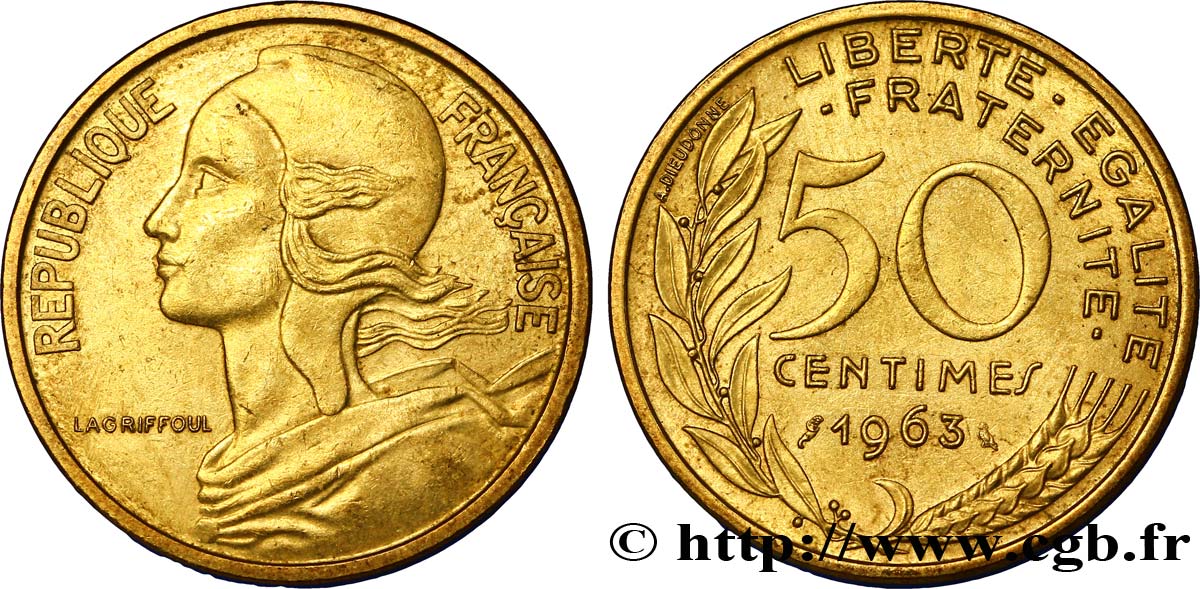 50 centimes Marianne, col à quatre plis 1963 Paris F.197/5 AU54 