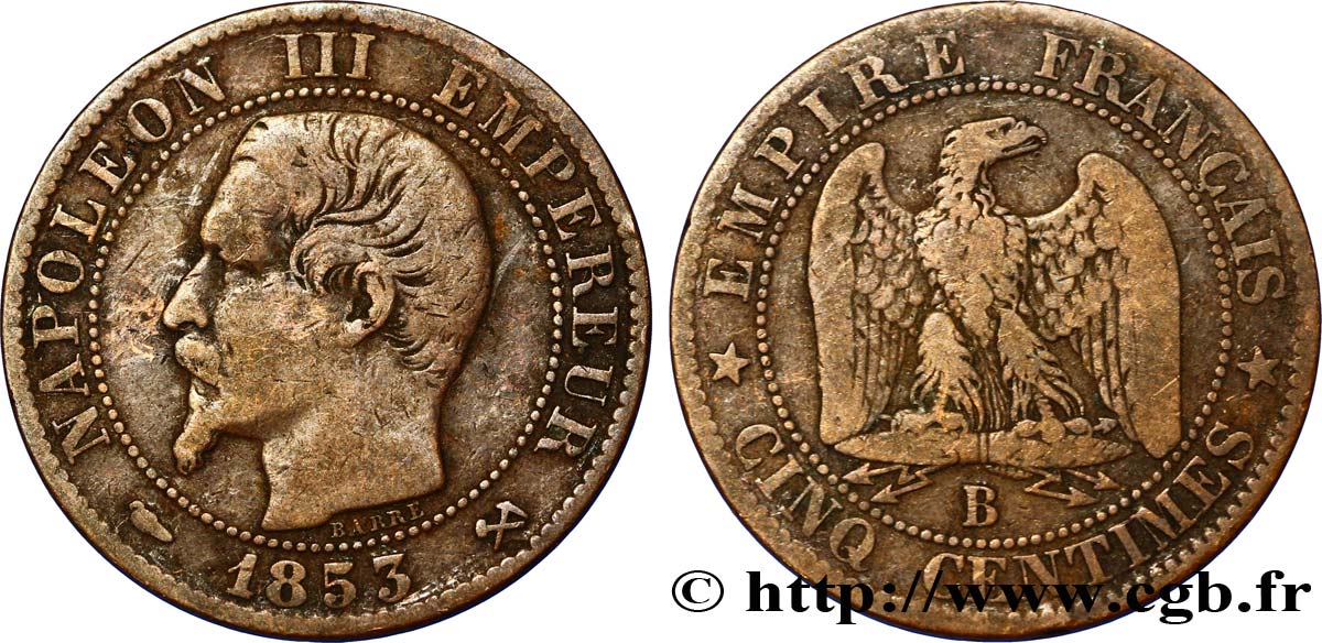 Cinq centimes Napoléon III, tête nue 1853 Rouen F.116/2 TB35 