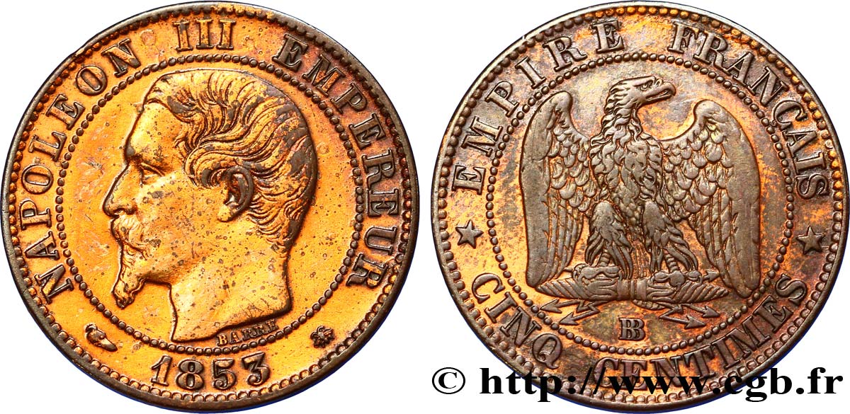 Cinq centimes Napoléon III, tête nue 1853 Strasbourg F.116/3 TB35 