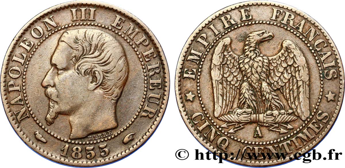 Cinq centimes Napoléon III, tête nue 1855 Paris F.116/16 TTB40 