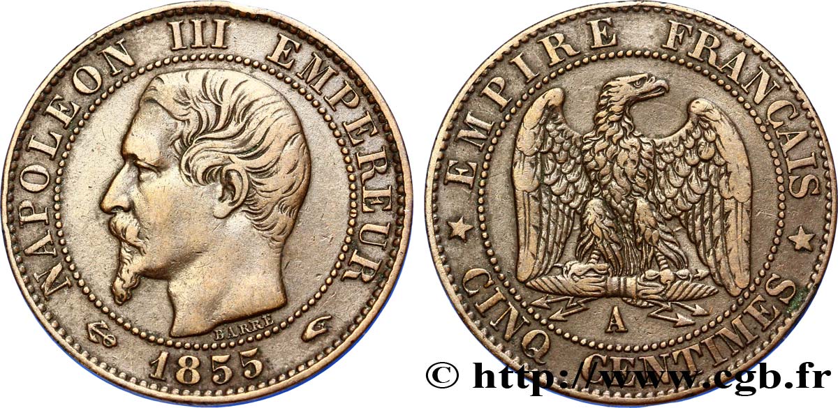 Cinq centimes Napoléon III, tête nue 1855 Paris F.116/17 XF48 