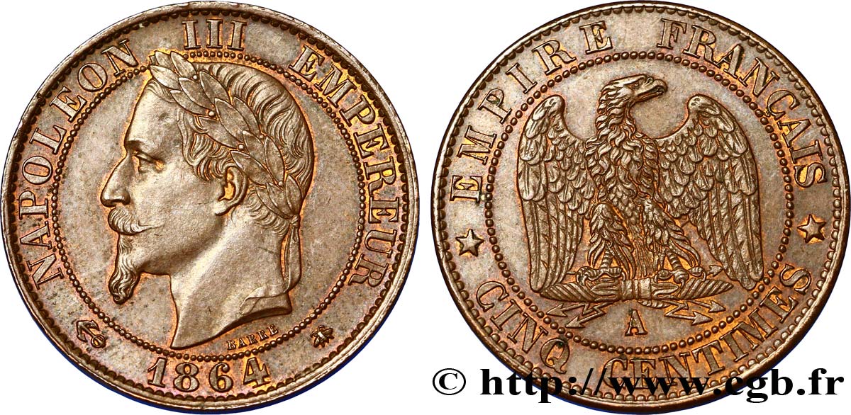Cinq centimes Napoléon III, tête laurée 1864 Paris F.117/13 SPL58 
