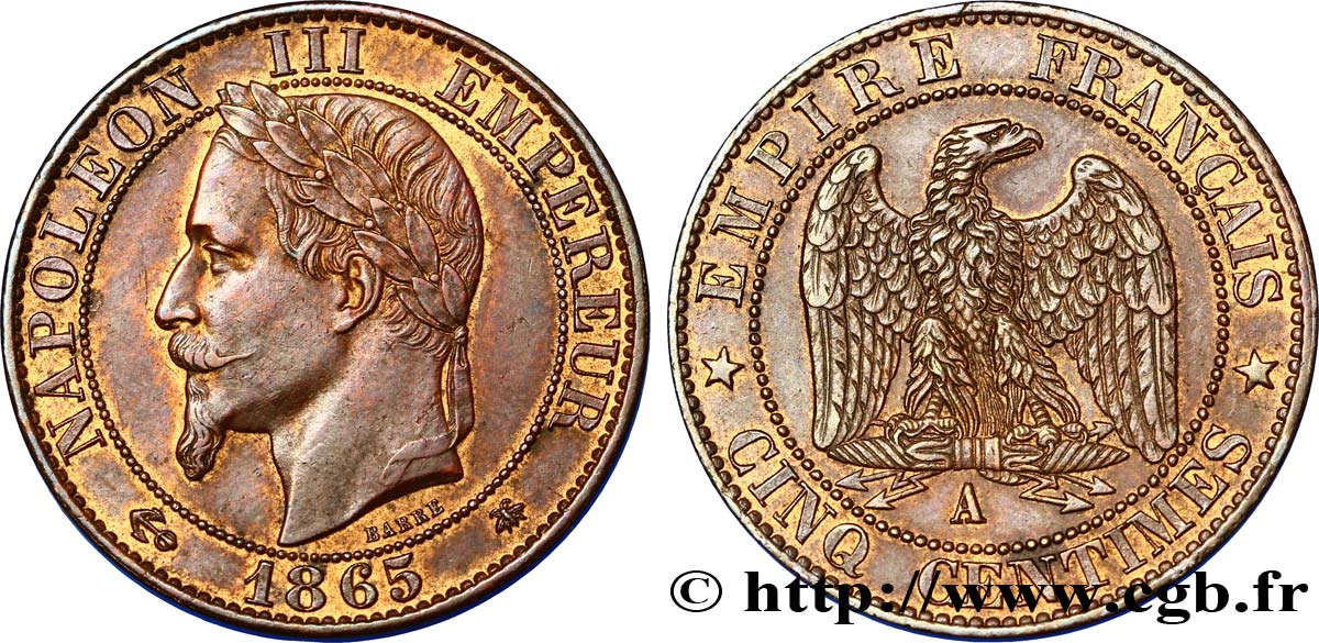 Cinq centimes Napoléon III, tête laurée 1865 Paris F.117/16 VZ58 