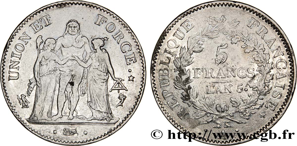 5 francs Union et Force, Union serré, avec glands, listel par virole 1797 Paris F.287/3 XF45 