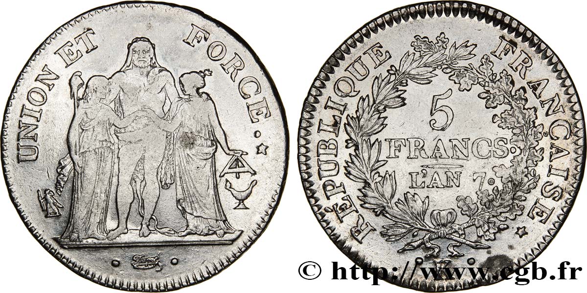 5 francs Union et Force, Union serré, avec glands intérieurs et gland extérieur 1799 Bordeaux F.288/108 S38 