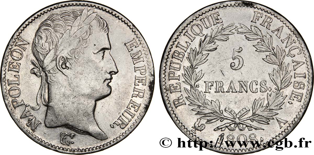 5 francs Napoléon Empereur, République française 1808 Paris F.306/2 XF45 