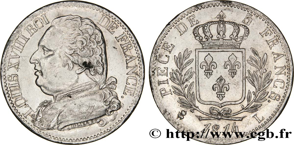 5 francs Louis XVIII, buste habillé 1814 Bayonne F.308/8 AU52 