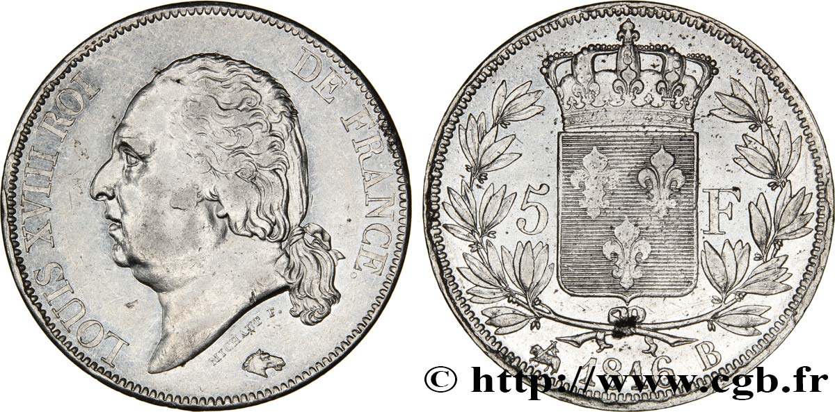 5 francs Louis XVIII, tête nue 1816 Rouen F.309/2 MBC45 