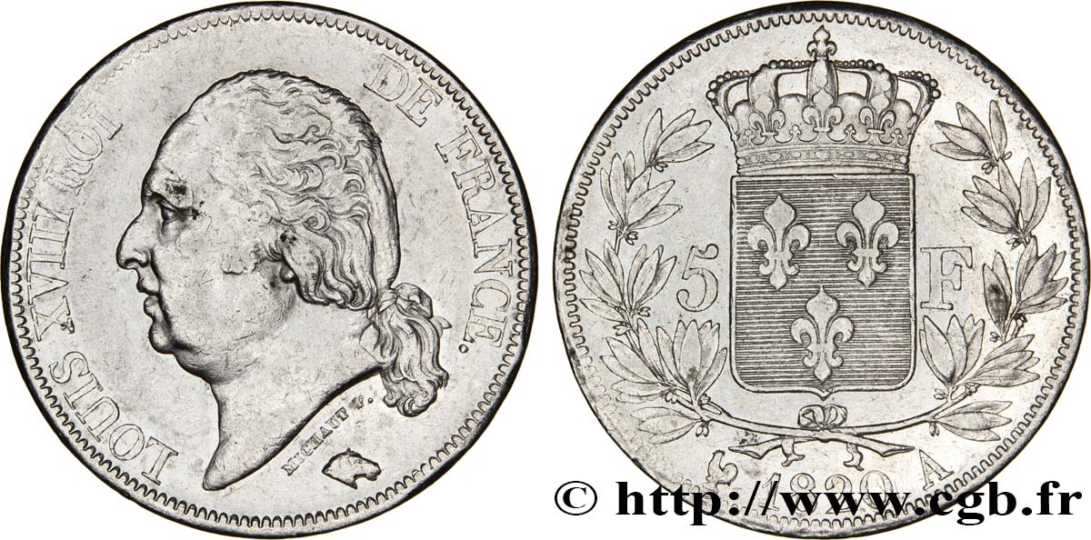 5 francs Louis XVIII, tête nue 1820 Paris F.309/49 TTB45 