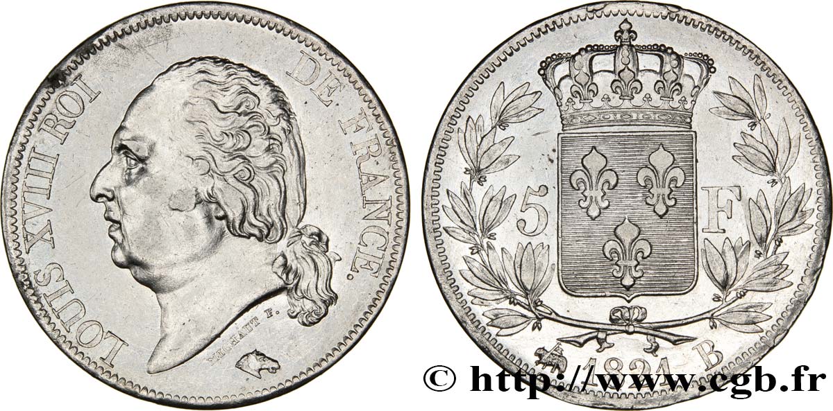 5 francs Louis XVIII, tête nue 1821 Rouen F.309/61 MBC52 