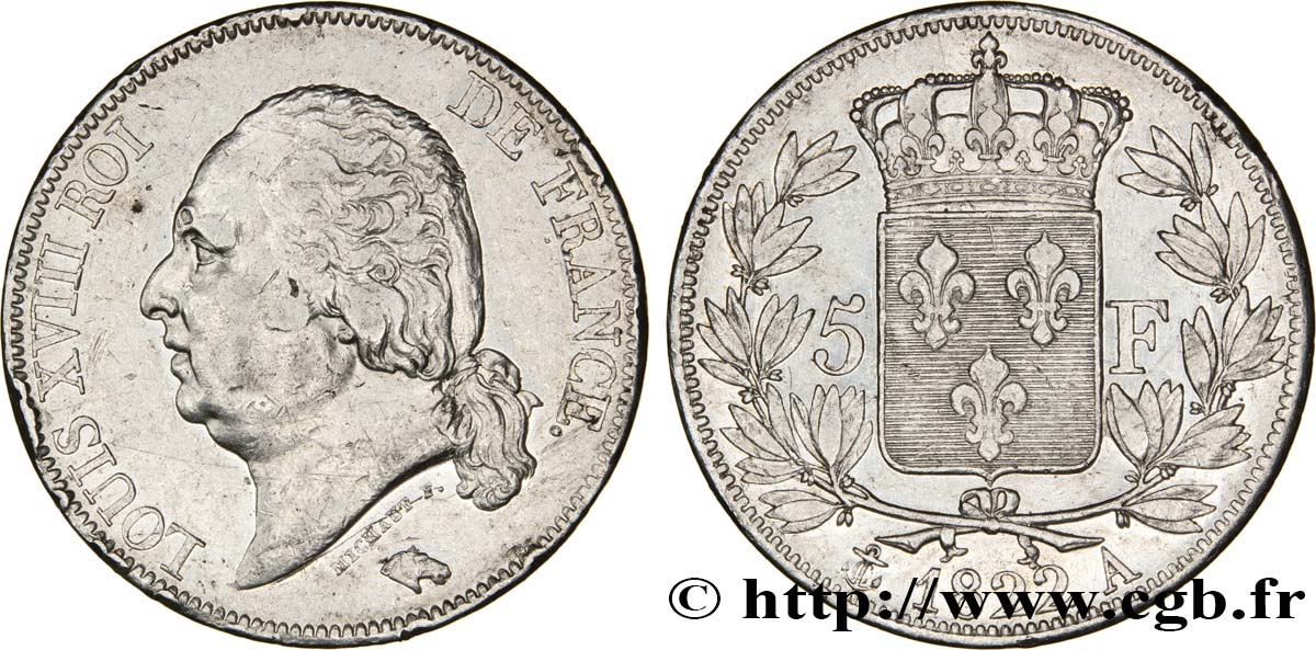 5 francs Louis XVIII, tête nue 1822 Paris F.309/68 XF42 