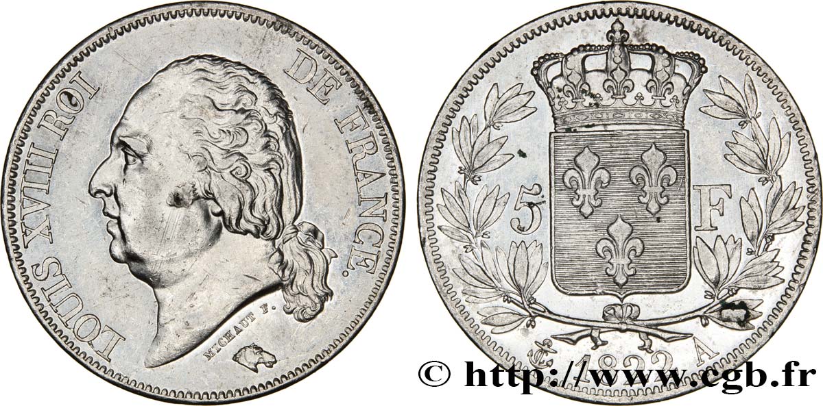 5 francs Louis XVIII, tête nue 1822 Paris F.309/68 BB52 