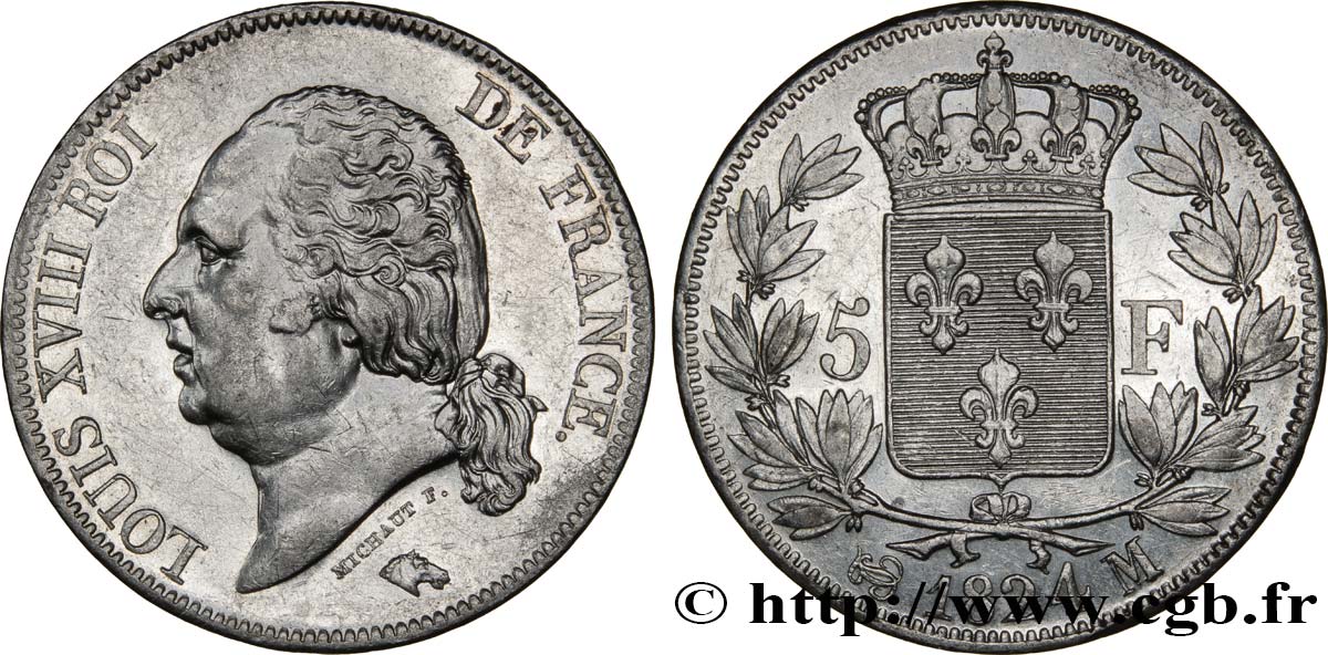 5 francs Louis XVIII, tête nue 1824 Toulouse F.309/95 TTB48 