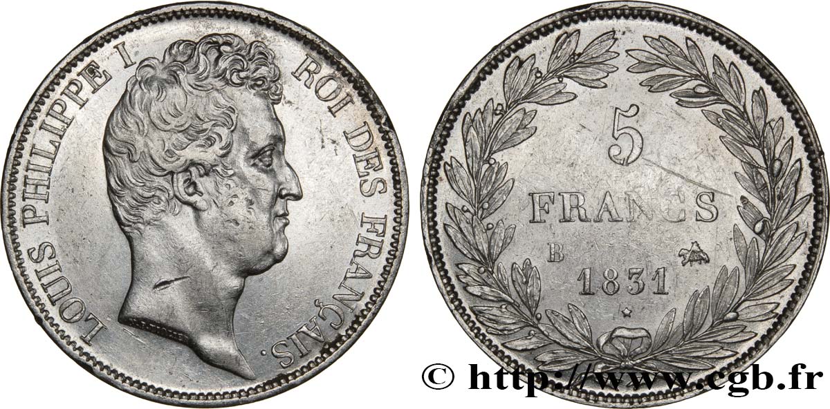 5 francs type Tiolier avec le I, tranche en creux 1831 Rouen F.315/15 TTB48 