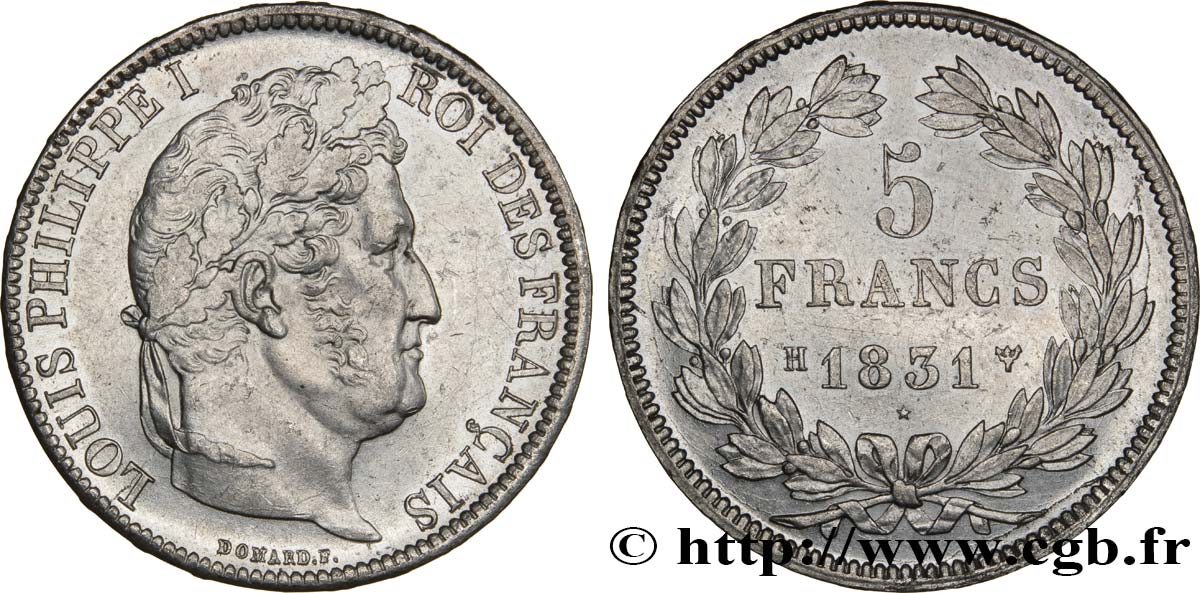 5 francs Ier type Domard, tranche en relief 1831 La Rochelle F.320/5 AU52 