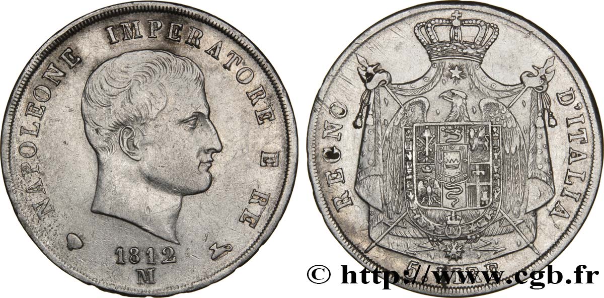 5 lire Napoléon Empereur et Roi d’Italie, 2ème type, tranche en creux 1812 Milan M.226  MBC48 
