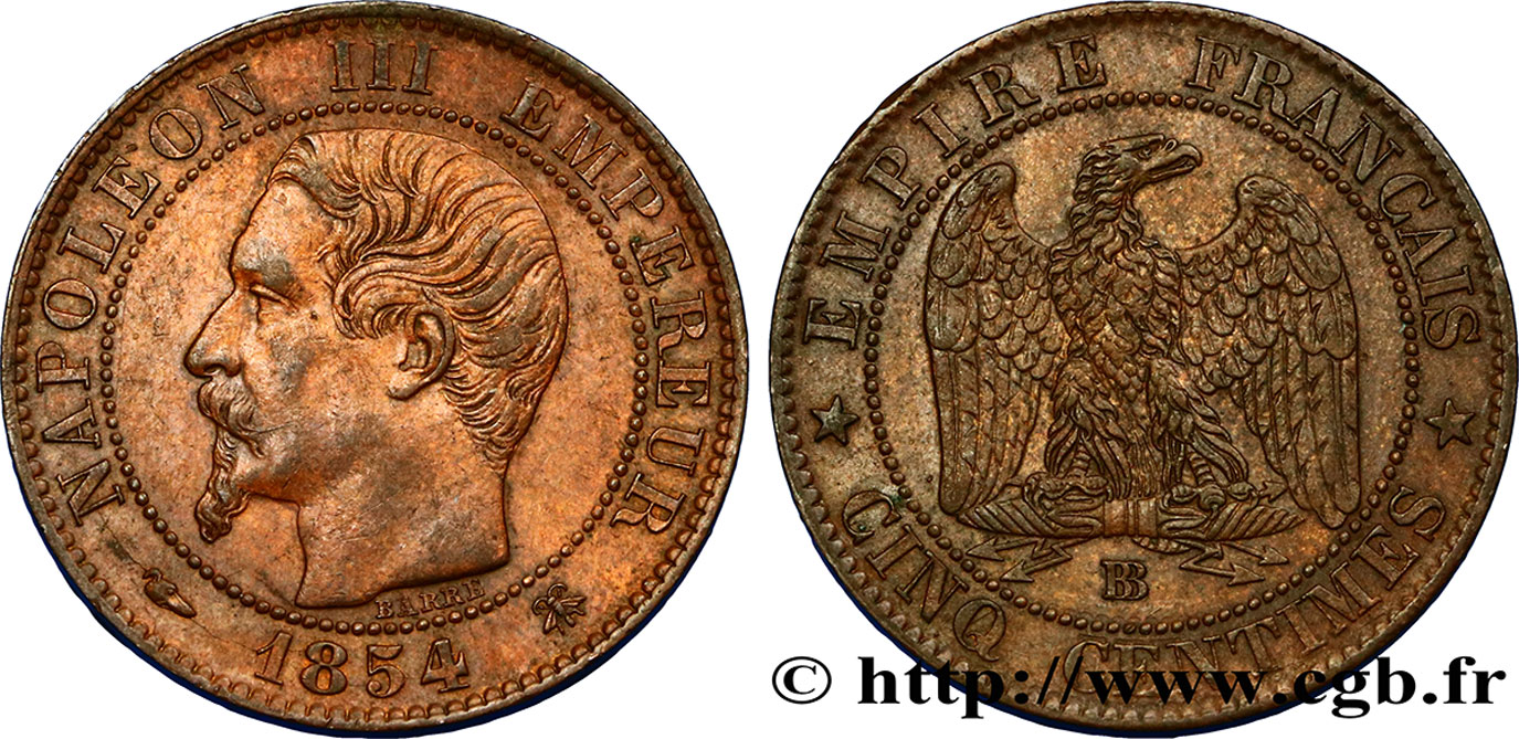 Cinq centimes Napoléon III, tête nue, grande abeille 1854 Strasbourg F.116/11 XF45 