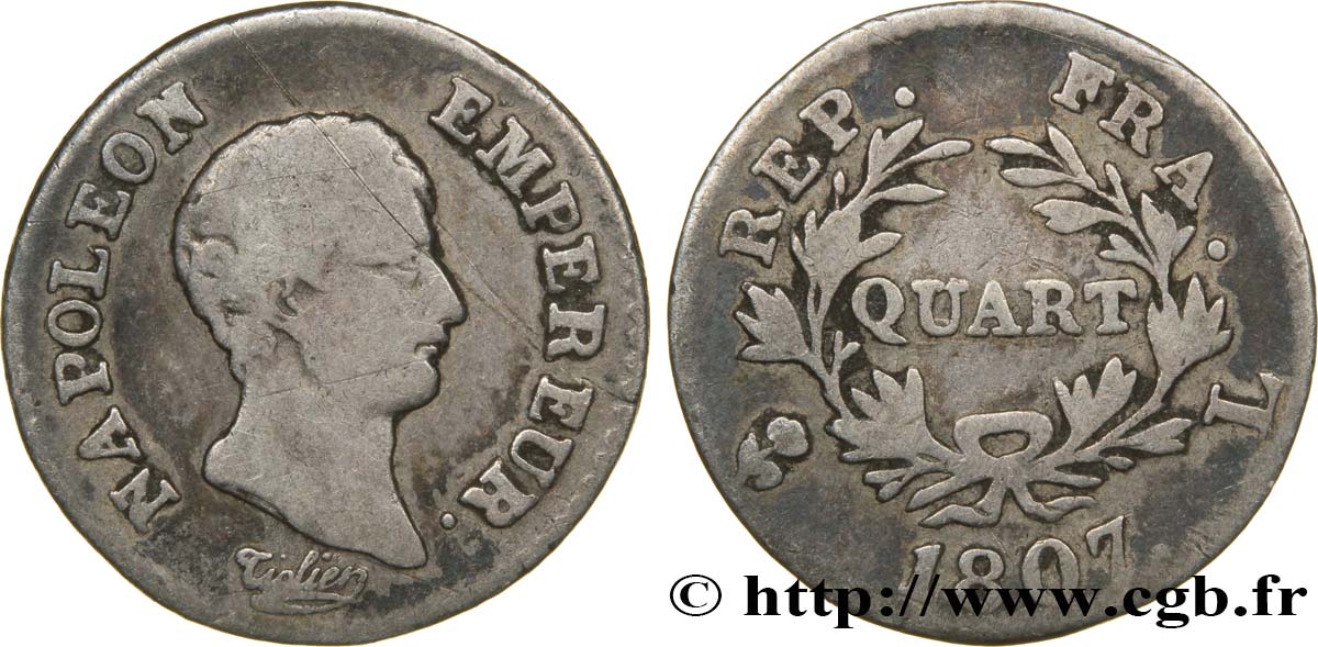 Quart (de franc) Napoléon Empereur, Calendrier grégorien 1807 Bayonne F.159/8 TB20 