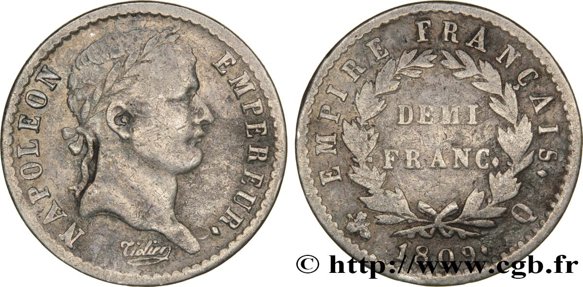 Demi-franc Napoléon Ier tête laurée, Empire français 1809 Perpignan F.178/7 TB25 