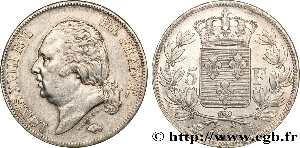 5 francs Louis XVIII, tête nue 1824 Lyon F.309/90 SS48 