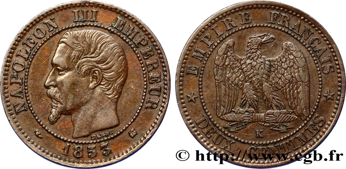 Deux centimes Napoléon III, tête nue 1853 Bordeaux F.107/6 BB48 