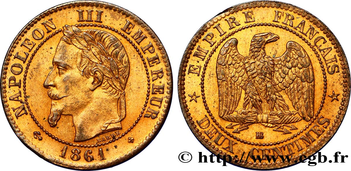 Deux centimes Napoléon III, tête laurée 1861 Strasbourg F.108A/2 SPL60 