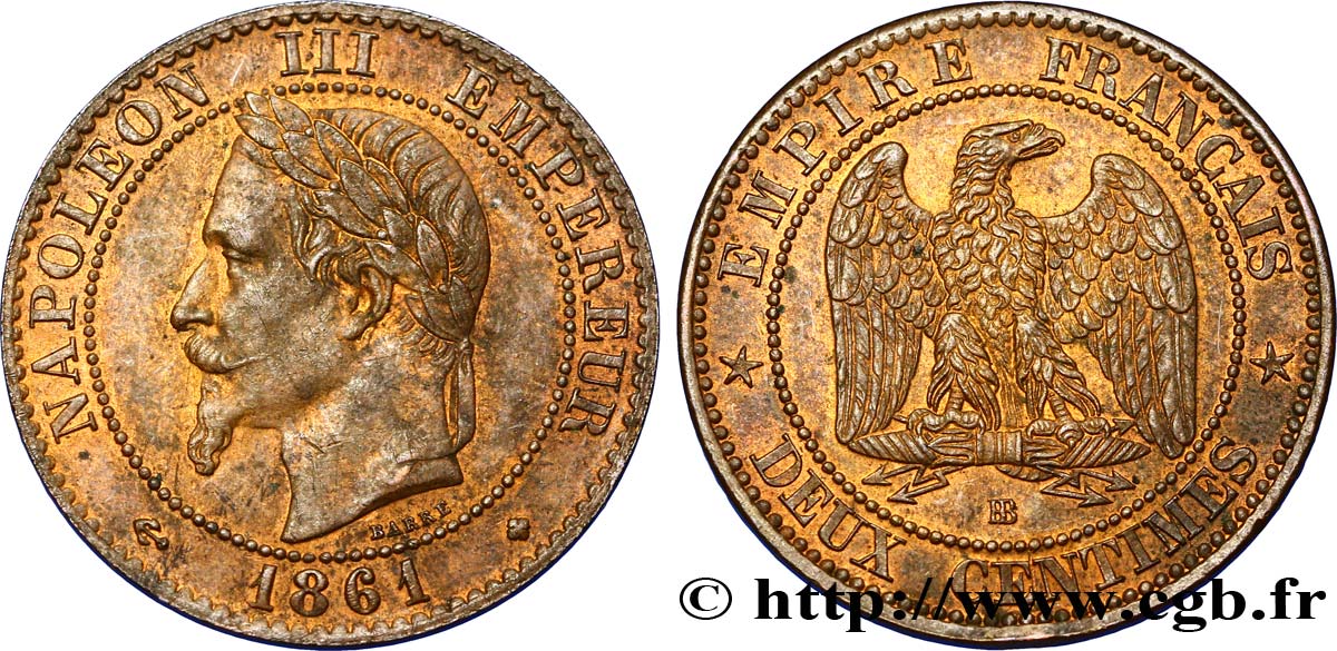 Deux centimes Napoléon III, tête laurée 1861 Strasbourg F.108/2 SPL58 