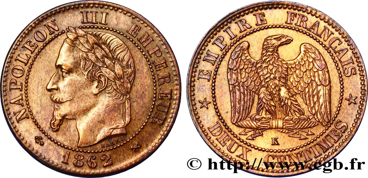 Deux centimes Napoléon III, tête laurée 1862 Bordeaux F.108A/7 AU55 
