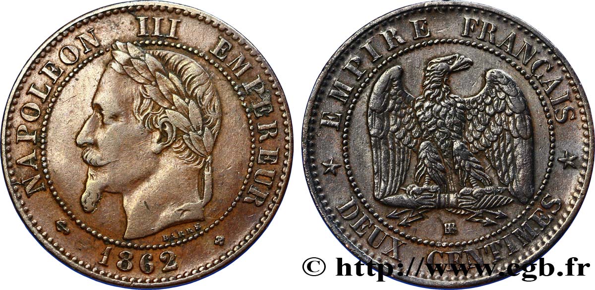 Deux centimes Napoléon III, tête laurée 1862 Strasbourg F.108A/5 TTB40 