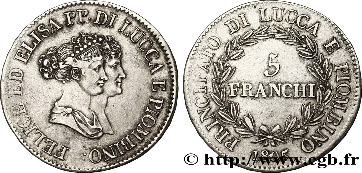 5 franchi, moyens bustes 1805 Florence M.432  XF48 