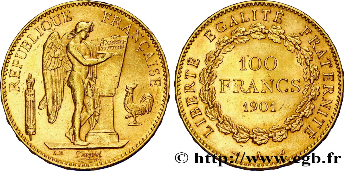 100 francs or Génie, tranche inscrite en relief Dieu protège la France 1901 Paris F.552/14 SPL55 