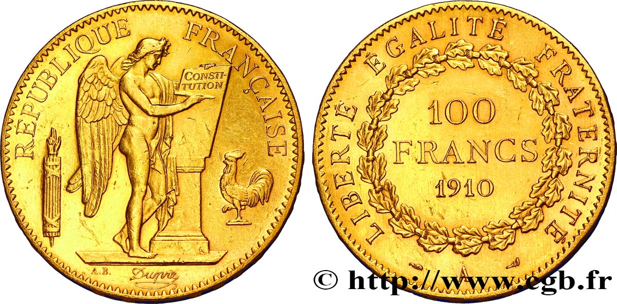 100 francs or Génie, tranche inscrite en relief Liberté Égalité Fraternité 1910 Paris F.553/4 TTB53 