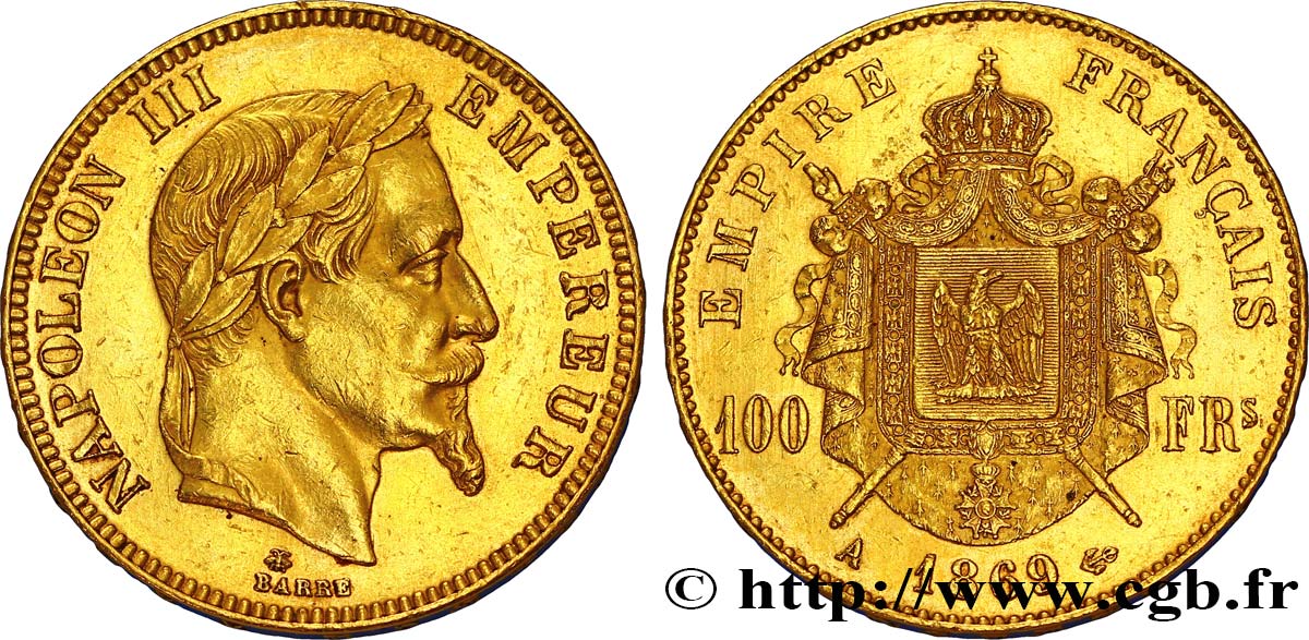100 francs or Napoléon III, tête laurée 1869 Paris F.551/12 MBC50 
