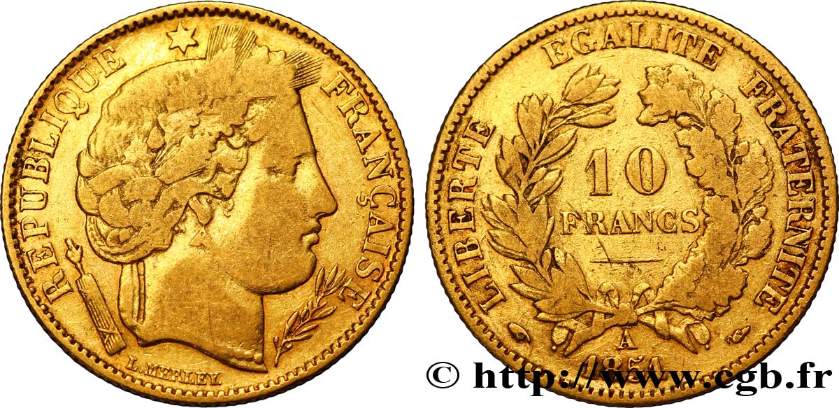 10 francs or Cérès, IIe République 1851 Paris F.504/3 TB25 