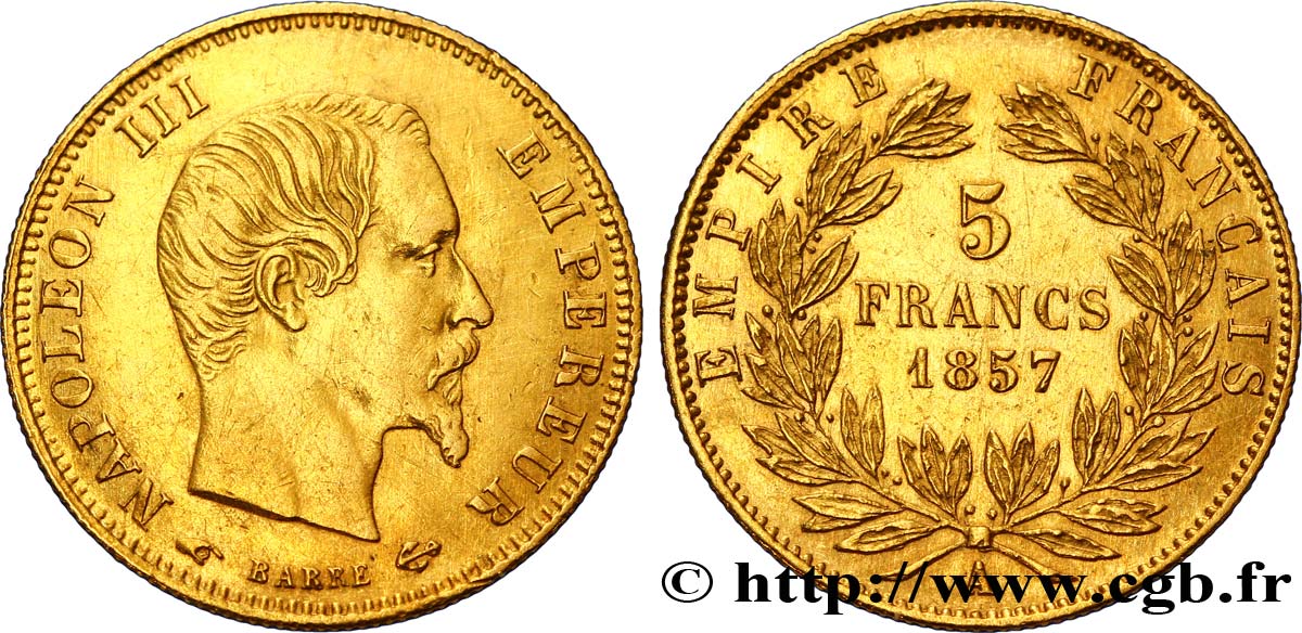 5 francs or Napoléon III, tête nue, grand module 1857 Paris F.501/4 BB50 