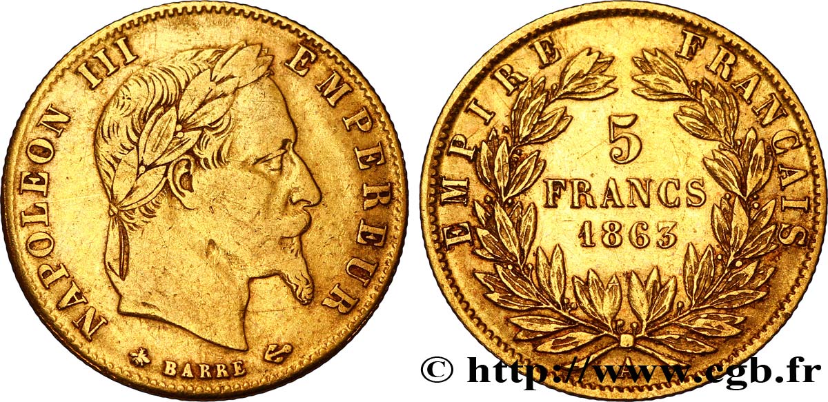 5 francs or Napoléon III, tête laurée 1863 Paris F.502/3 VF35 