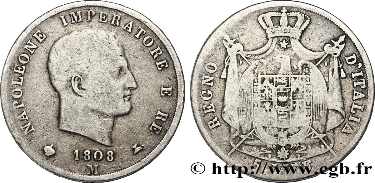5 lire Napoléon Empereur et Roi d’Italie, 1er type, tranche en relief 1808 Milan M.218  BC20 