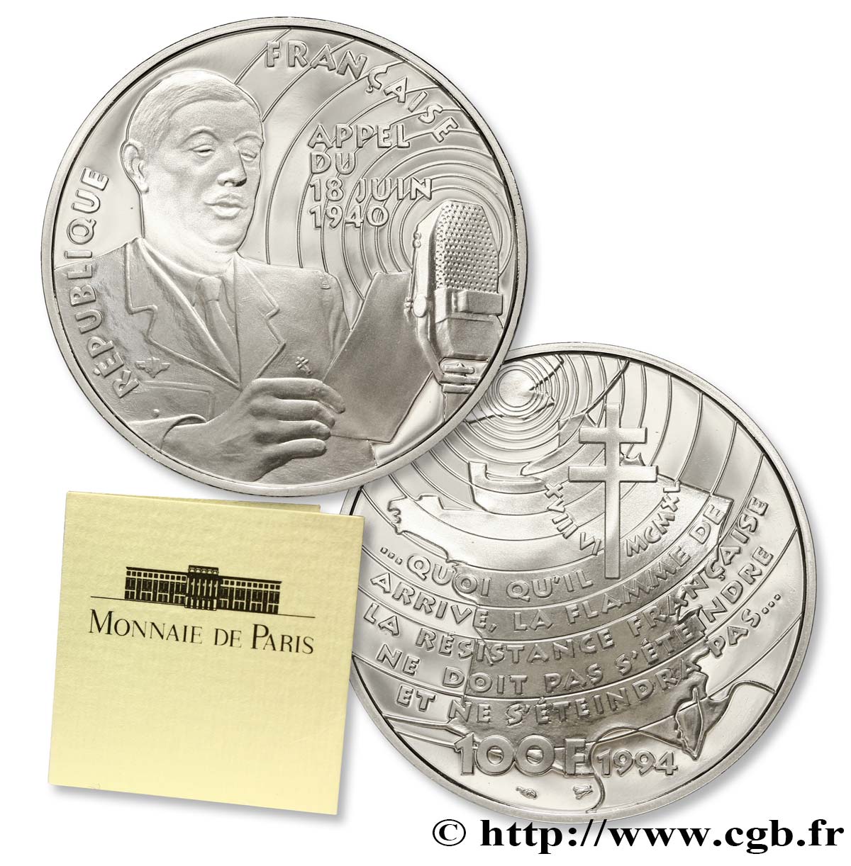 Belle Épreuve 100 francs - Appel du 18 juin 1940 1994 Paris F.1628 1 FDC 