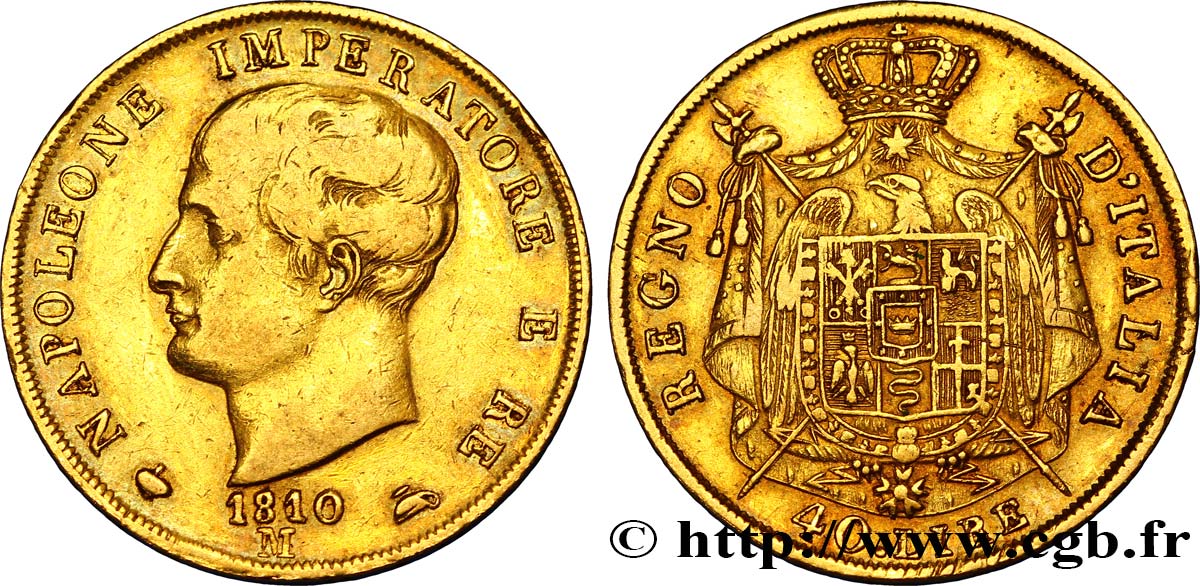 40 lire or Napoléon Empereur et Roi d’Italie, 2e type, tranche en creux 1810/09 Milan M.196 var. TTB40 